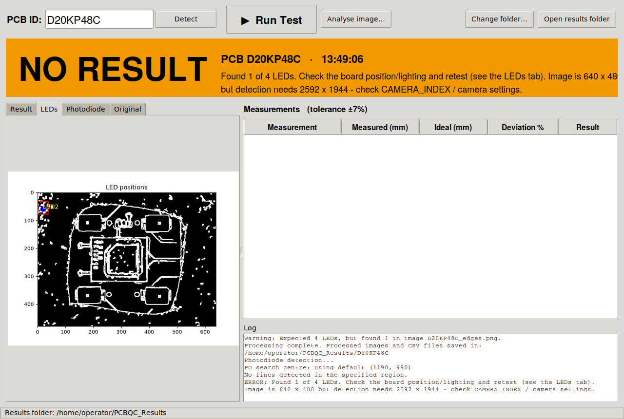 GUI showing NO RESULT because the image could not be analysed